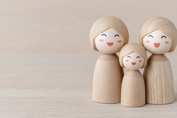 Heartwarming wooden dolls representing family happiness in a minimalist style capturing joy and connection in a serene backdrop highlighting warmth and affection