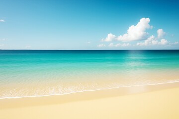 Obraz premium Tranquil tropical beach with golden sand, turquoise sea and clear blue sky with fluffy clouds, perfect natural summer seascape background.