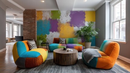 Eclectic reading nook with patchwork seating in bold colors abstract mural backdrop side-lit with dramatic volumetric haze and textile