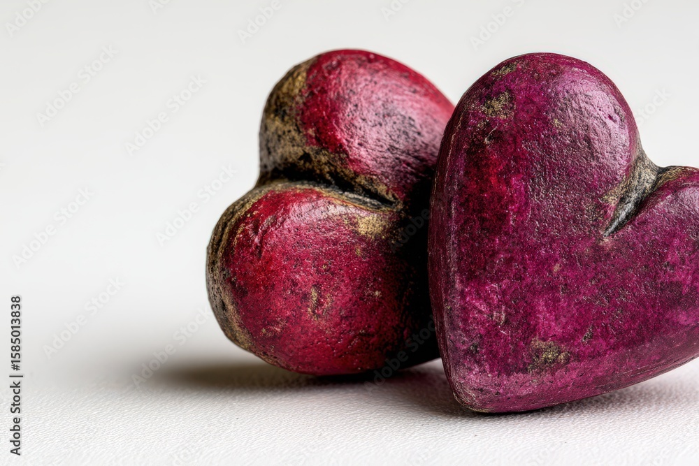 Poster two intricately crafted heart-shaped objects exhibiting vibrant maroon tones and textured surfaces s