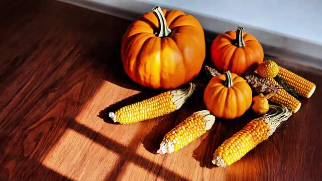 Festive autumn still life featuring vibrant pumpkins and Indian corn on a wooden floor illuminated by natural light.