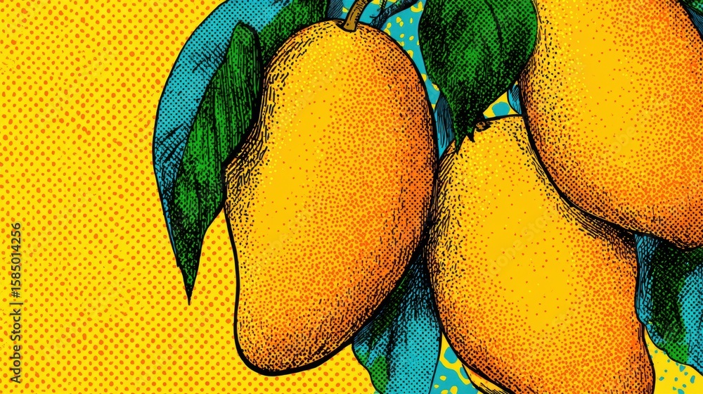Poster bright pop art style mango pattern with halftone texture showcasing vibrant colors and designs