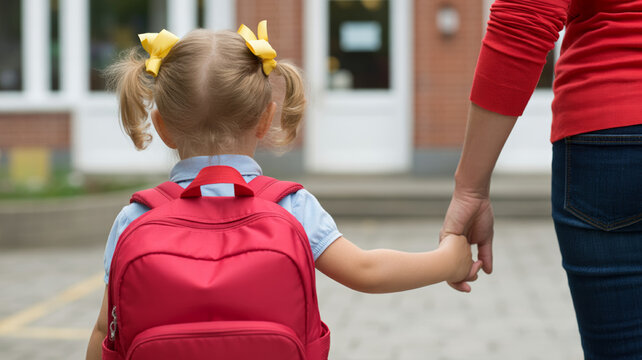 Kid and backpack back to school. Little girl with pigtails and yellow bows wearing pink backpack holding,child,elementary uniform,children,new year education,educator,students returning to school