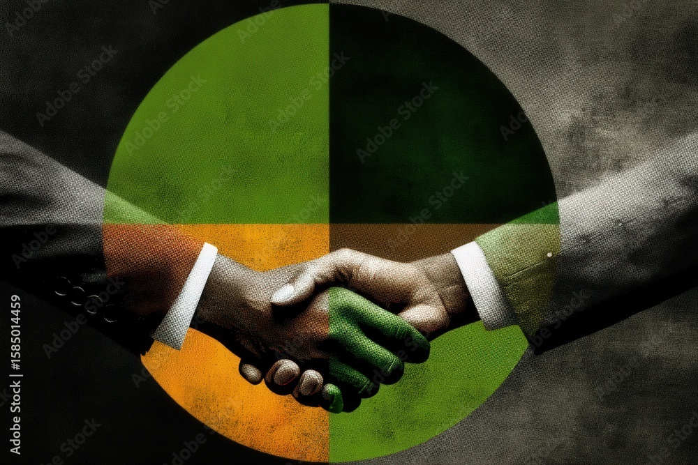 Poster two hands engaged in a professional handshake symbolizing unity and collaboration with a vivid backd