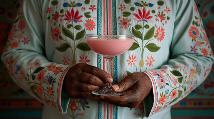 Close-up photo of a Japanese man in traditional attire holding a large colorful cocktail glass in front of a vibrant Indian mural
