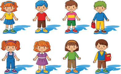 Cartoon kids standing in colorful outfits, diverse characters with playful poses, ideal for education, multicultural themes, children illustration, school art