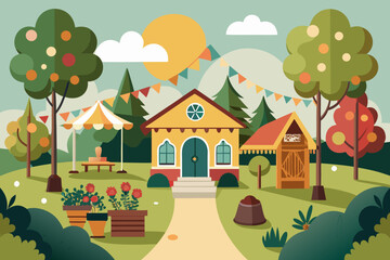 Fototapeta premium Vibrant cartoon illustration of a summer village landscape with colorful houses, trees, and flowers under a bright sky