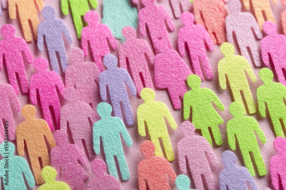 Poster colorful representation of diversity and inclusion through paper cutouts of people illustrating unit