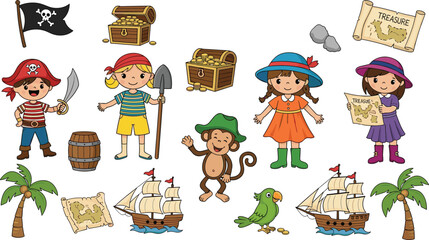 Cartoon pirate children with treasure chest, ship, parrot, monkey, map, island, sword, perfect for adventure, fantasy, and educational themes