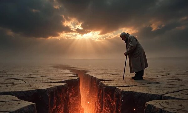 Elderly man contemplates a chasm with fiery depths under dramatic sky