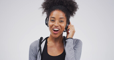 Call center, talking and portrait of black woman in studio for customer support, contact us and...