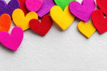 Fototapeta premium Colorful felt hearts arranged creatively on textured paper surface evoking emotions of love and affection with a focus on charming craftsmanship and artistic expression