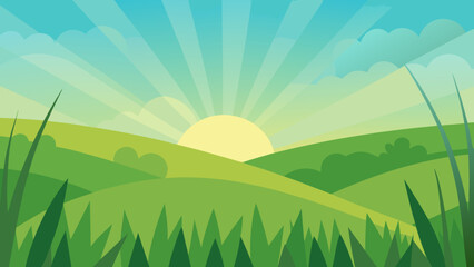 Obraz premium Bright summer landscape with green grass, blue sky, and sun