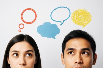 Two people thinking with colorful speech and thought bubbles above their heads on a light background, symbolizing communication and ideas.