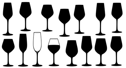 Wine Glass Icon Collection. Black Silhouette Clipart. Transparent PNG. Design Element for Projects