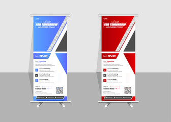 Modern creative rollup banner design template design layout with rectangular red and blue shapes