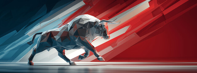 White reflective metal bull running towards camera in front view, set against red, white, and blue sweeping shapes. American patriotic and sporty vibe