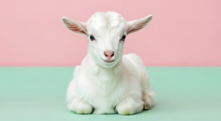 Adorable Baby Goat Posed on Pastel Backdrop – Whimsical Animal Portrait