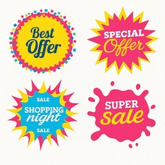 Vibrant sale and offer badges featuring best offer and super sale messages