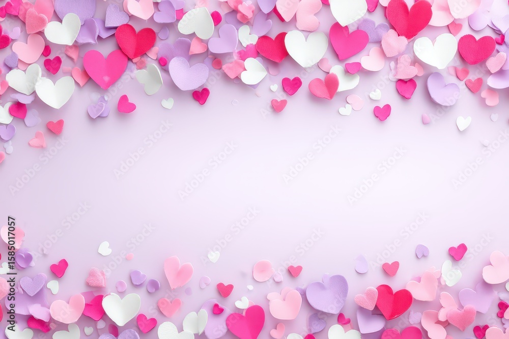 Poster an abundance of colorful heart confetti on soft lavender background surrounded by whimsical creation