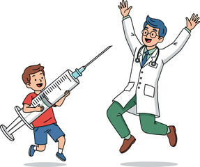Funny cartoon showing child chasing frightened doctor with oversized syringe, perfect for medical humor, healthcare education, vaccination awareness, playful illustration