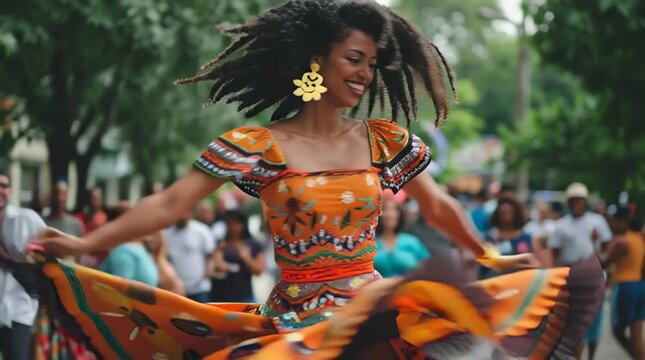 Joyful Woman Dancing in Traditional Colorful Dress at Street Festival