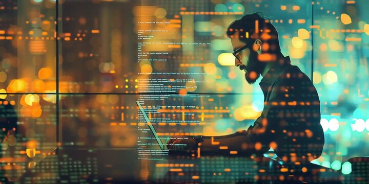 Software Developer Working at Night with Digital Code Overlay