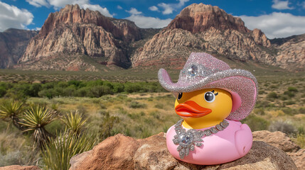 Pink cowgirl rubber duck with bling, in Wild West setting