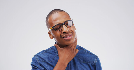 Sick, sore throat and black man in studio with flu, cold or allergies by mockup space for...