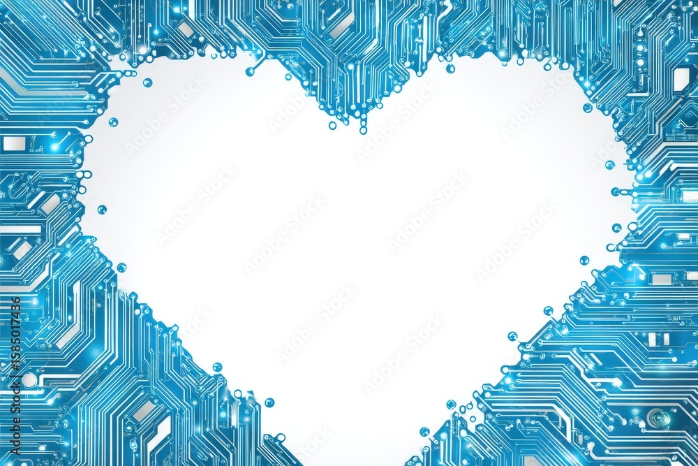 Poster heart-shaped frame composed of intricate blue circuit pathways symbolizing the fusion of technology 