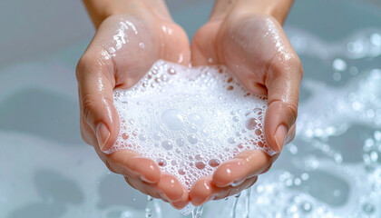 Fototapeta premium Water and soap foam gently held in hands. Personal hygiene and health safety. Handwashing, germ