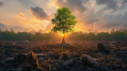 Lone Green Tree Standing Resilient in Cleared Forest Landscape at Golden Sunset