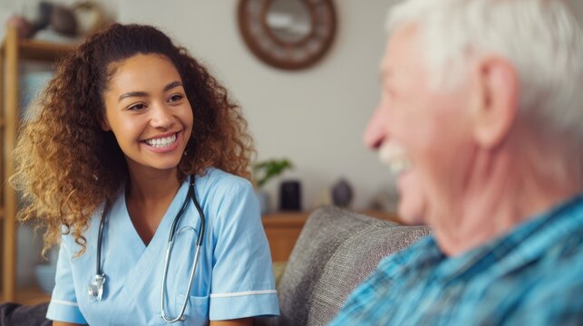The healthcare worker engages in joyful conversation with an elderly patient.