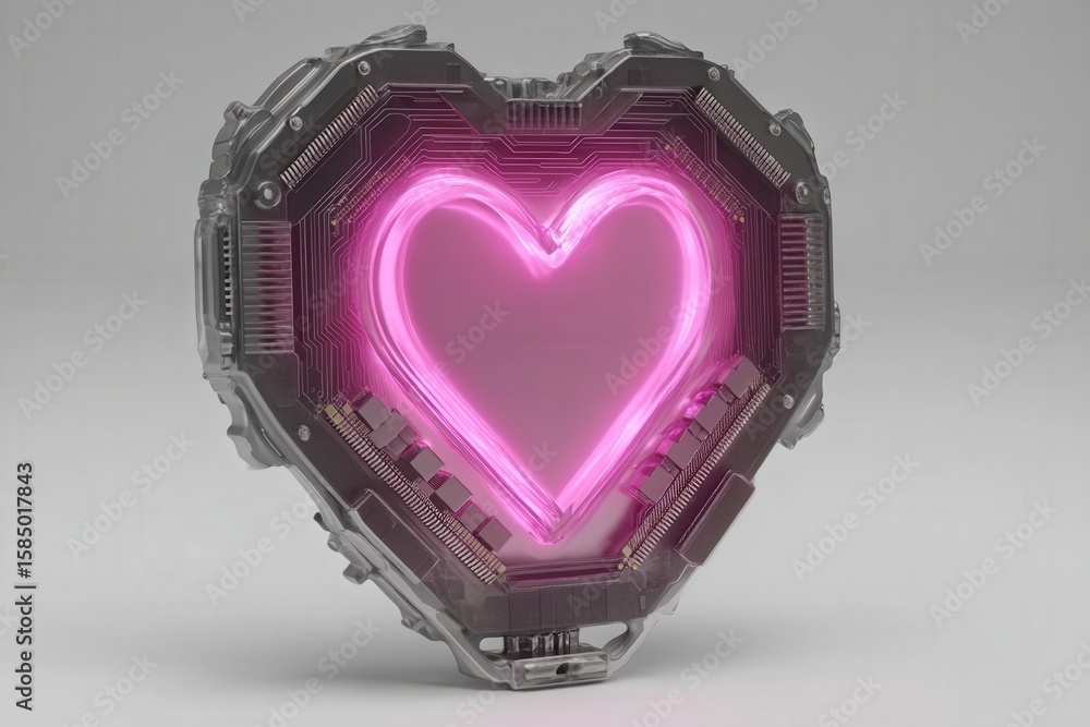 Poster futuristic heart shape composed of intricate circuit patterns emanating a glowing pink aura symboliz