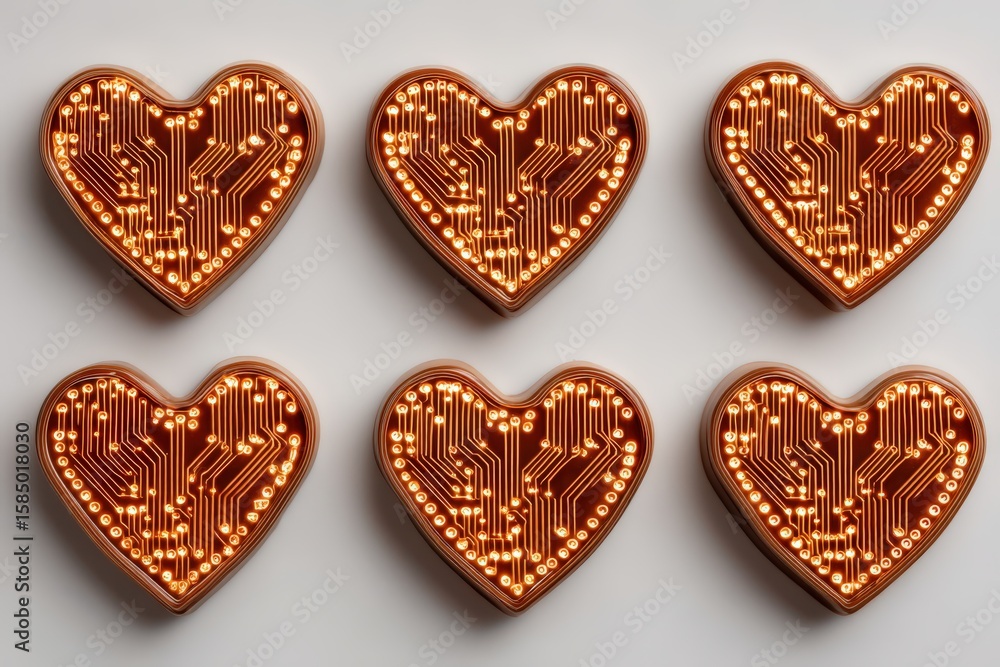 Poster heart-shaped circuit boards illuminated with intricate patterns representing the fusion of technolog