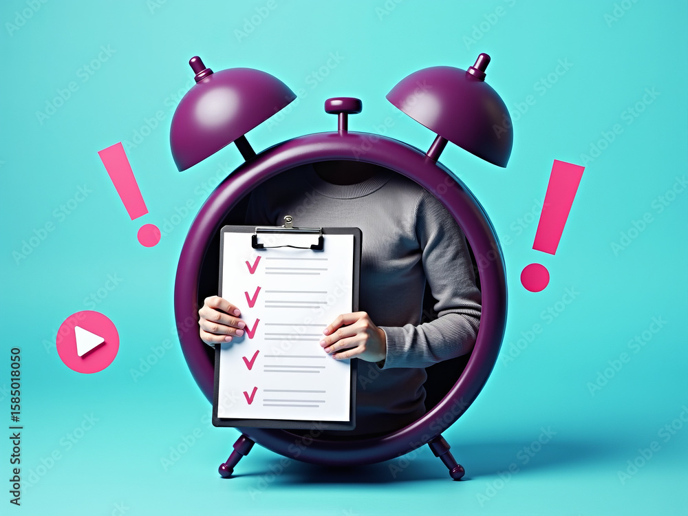Poster time management and productivity checklist concept with person holding clipboard inside alarm clock 