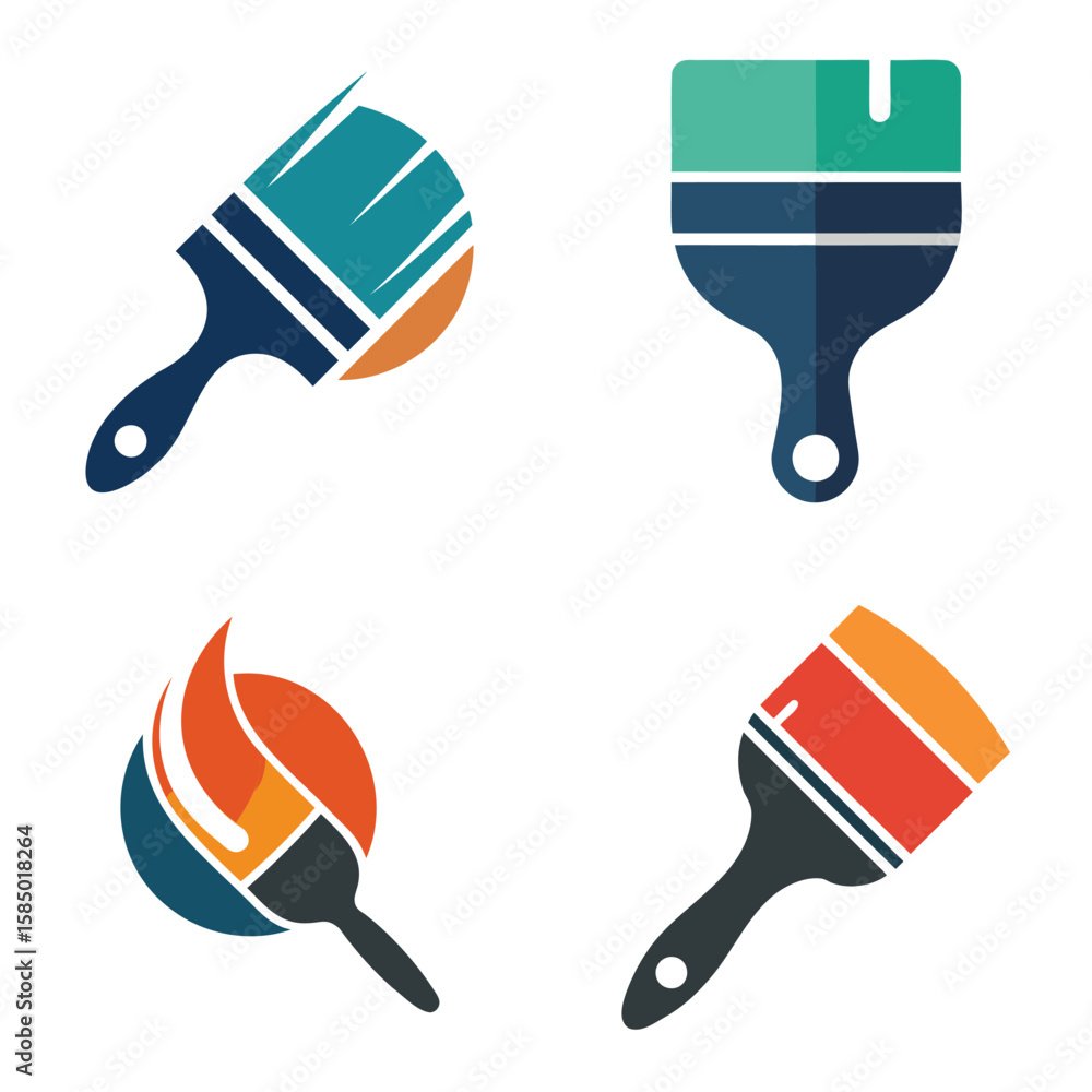 Poster set of four colorful paint brush icons with modern abstract design elements