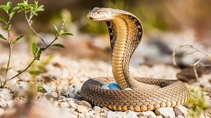 A vigilant cobra with its hood raised, guarding a clutch of light blue eggs on rocky ground, portraying fierce parental protection