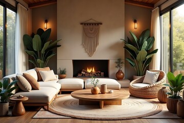 Warm and Cozy Modern Boho Living Room Interior with Fireplace, Indoor Plants, Woven Furniture, Neutral Tones, and Natural Light – Scandinavian Minimalist Home Décor Style