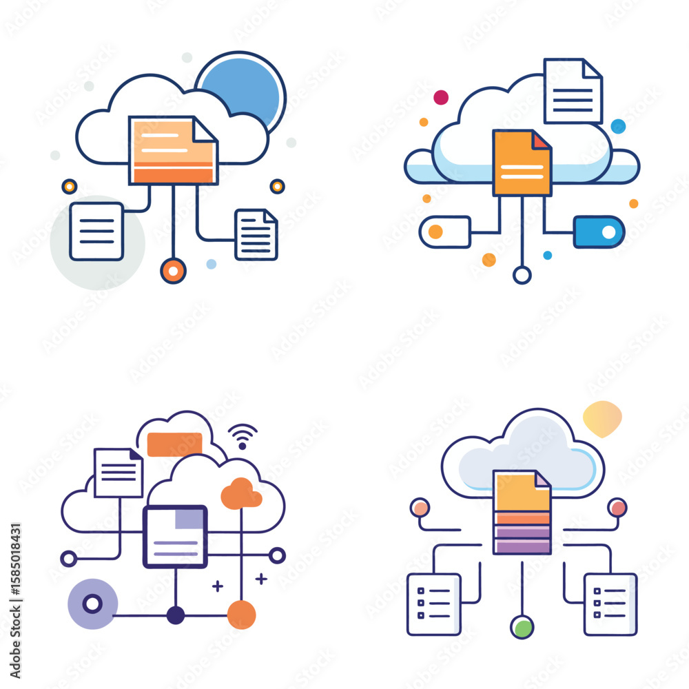 Aufkleber four stylized icons depicting cloud data storage and network connections with documents and files