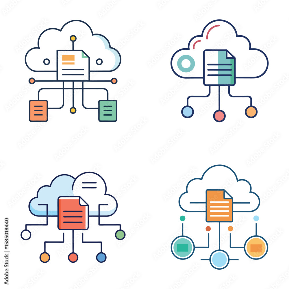 Aufkleber set of stylized cloud icons representing data sharing and network connectivity with documents
