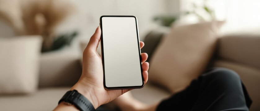 The smartphone held in a hand against a cozy living room setting.