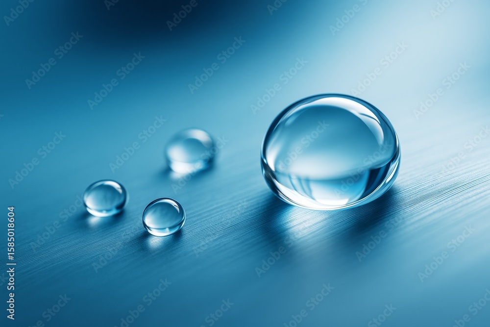 Poster transparent water droplets on smooth blue surface with soft light reflection emphasizing purity and 