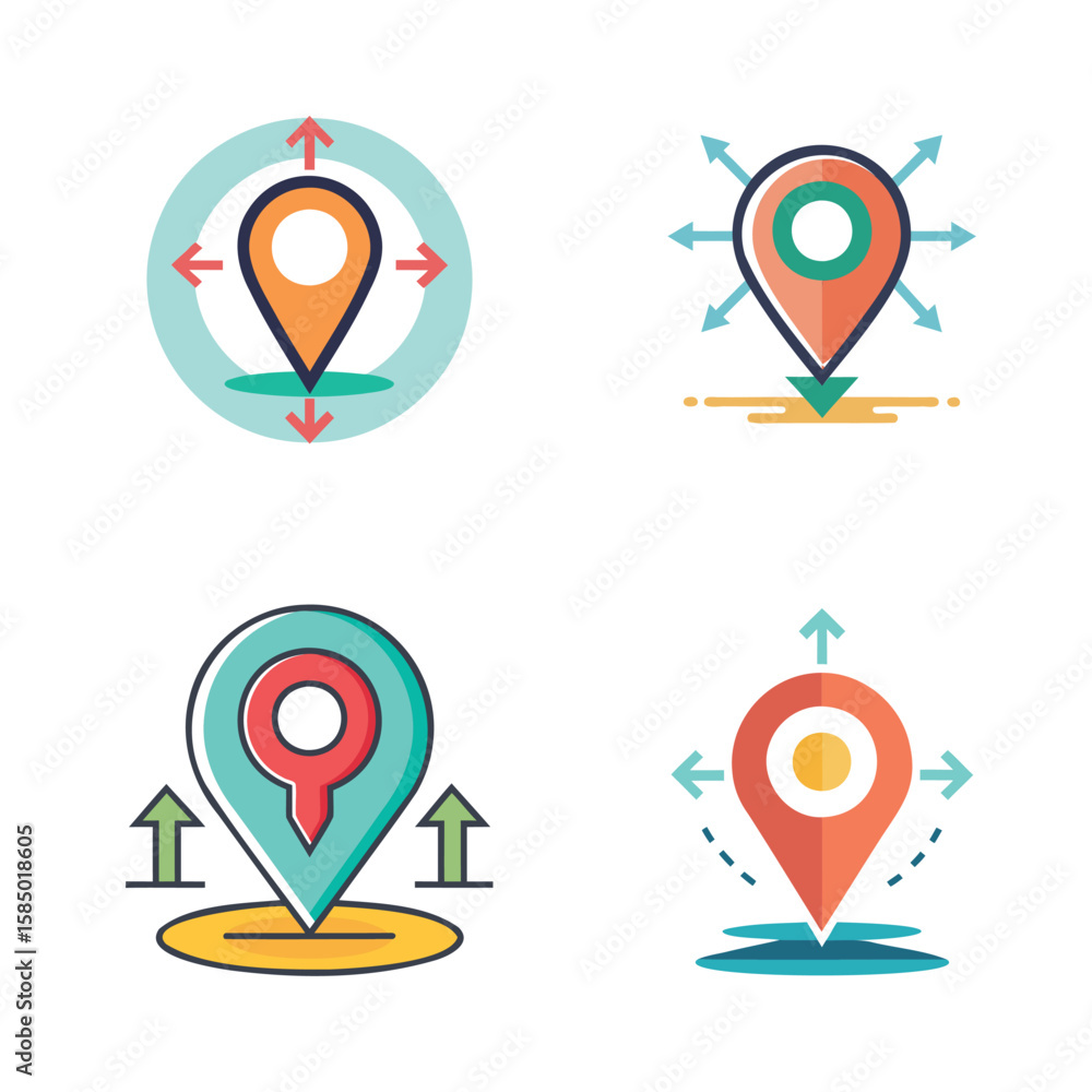 Poster four stylized map pin icons showing location and directional movement in a flat design