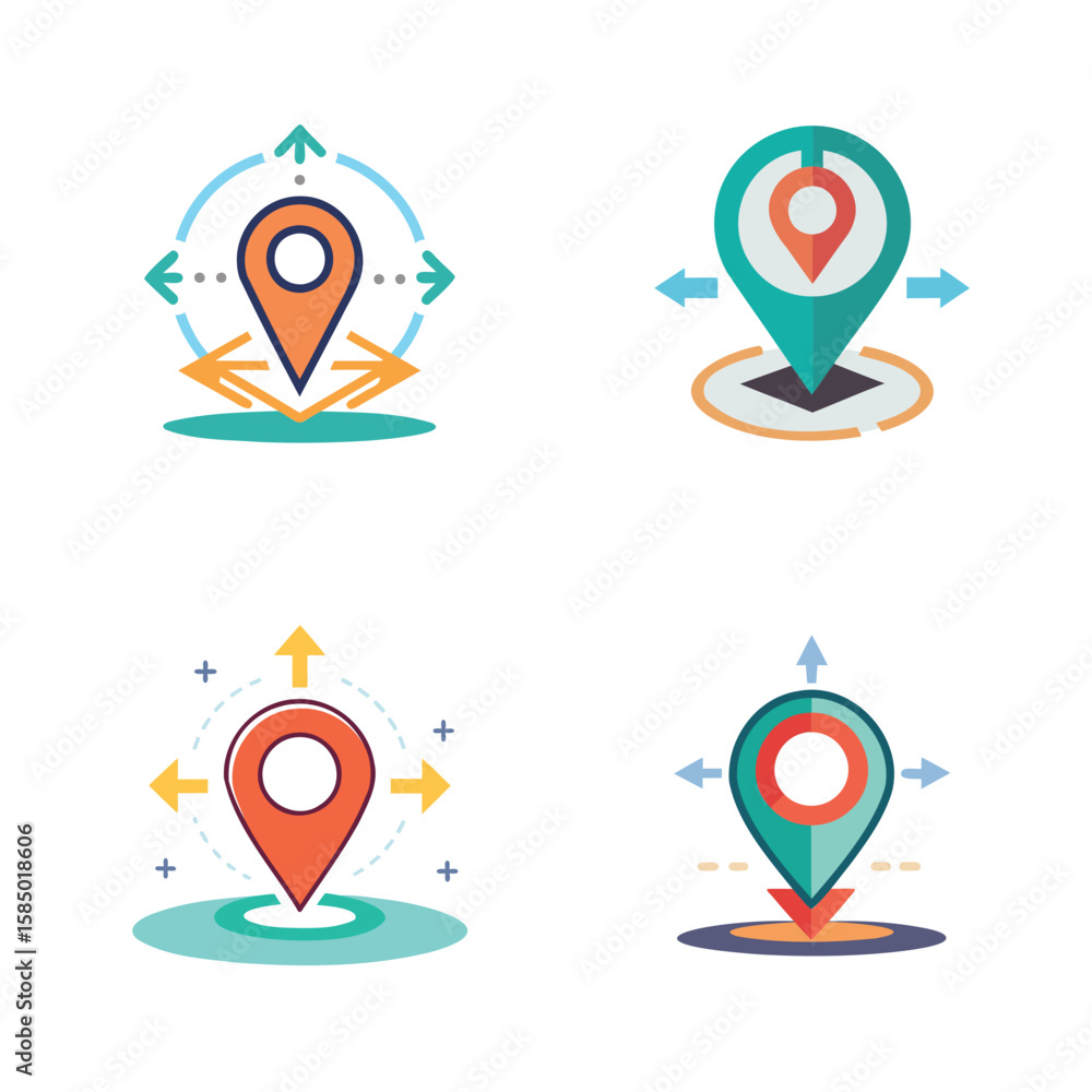 Aufkleber collection of four location pin icons with directional arrows and circular elements