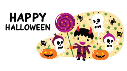 Obraz premium A cartoon halloween scene with a devil, ghosts, pumpkins, spiders, and a lollipop illustration