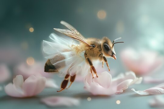 A bee dressed as a ballerina in a tutu dances over flower petals, airy, light, whimsical and fabulous