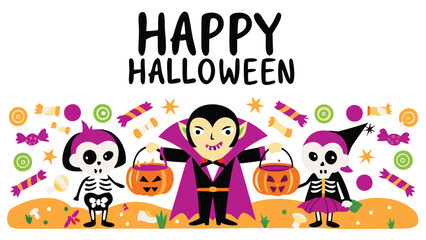 Fototapeta premium Happy halloween scene with vampire and skeleton children holding pumpkin baskets with candy and stars