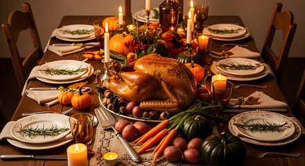 Traditional Thanksgiving Dinner Table Spread with Roasted Turkey, Pumpkins, and Autumn Decor