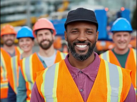 Construction Team's Collective Portrait: A robust and collaborative construction team, each member radiating an aura of hard work, embodies strength and camaraderie.